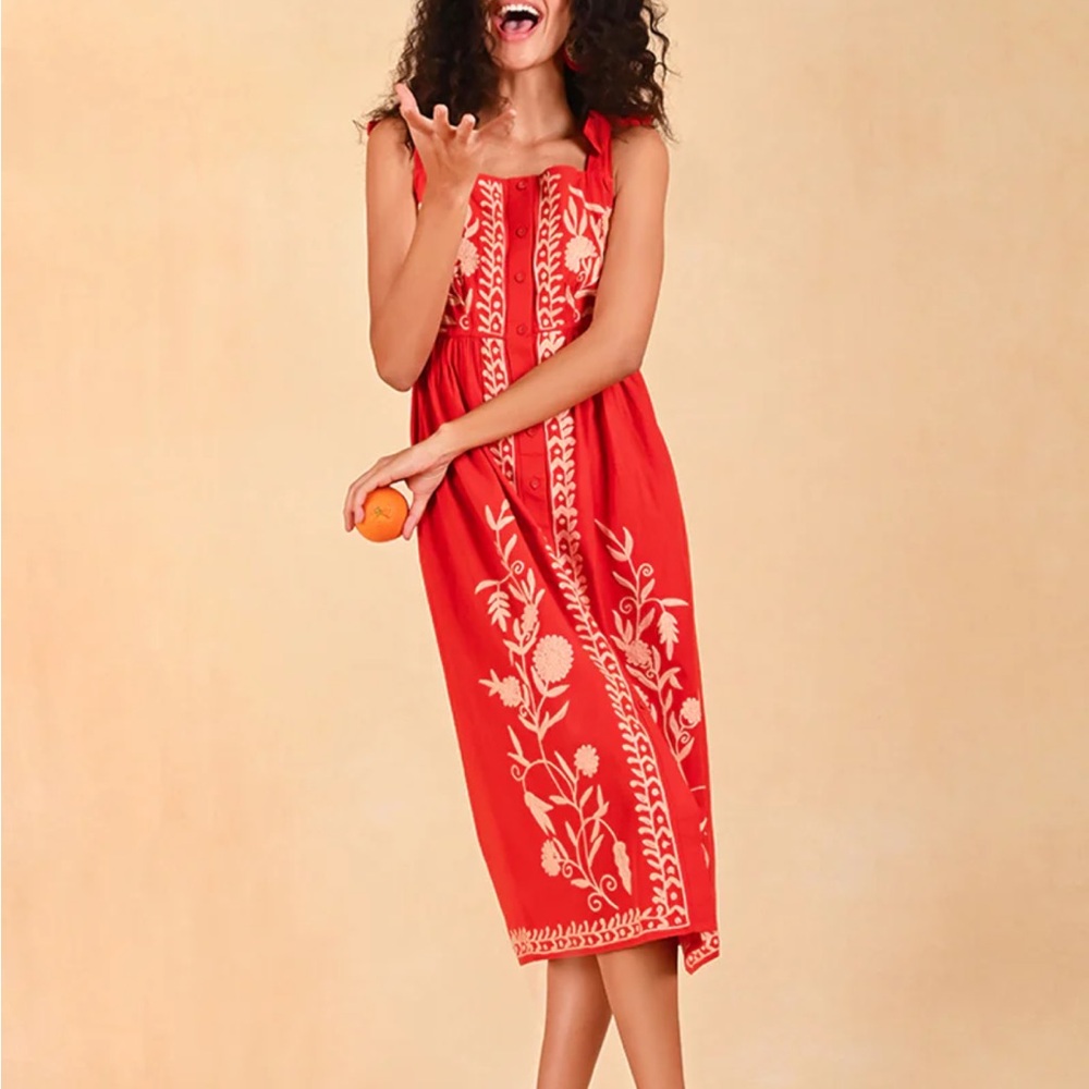 Embroidered Red Sleeveless Dress